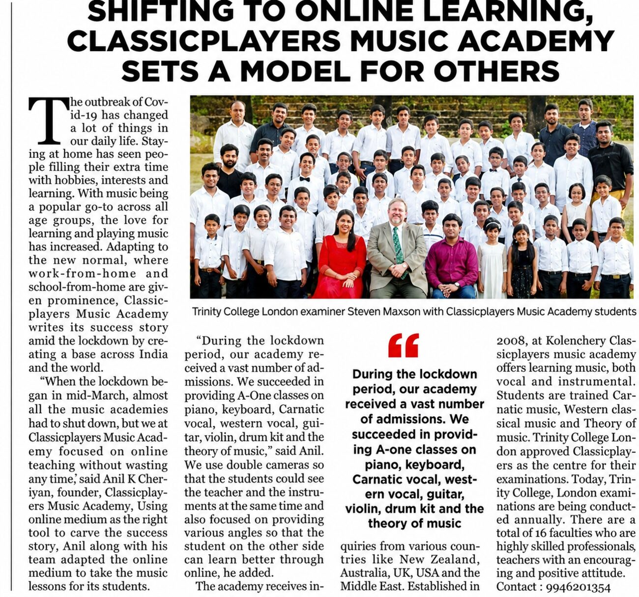 Newspaper feature on Classic Players Music Academy moving lessons online